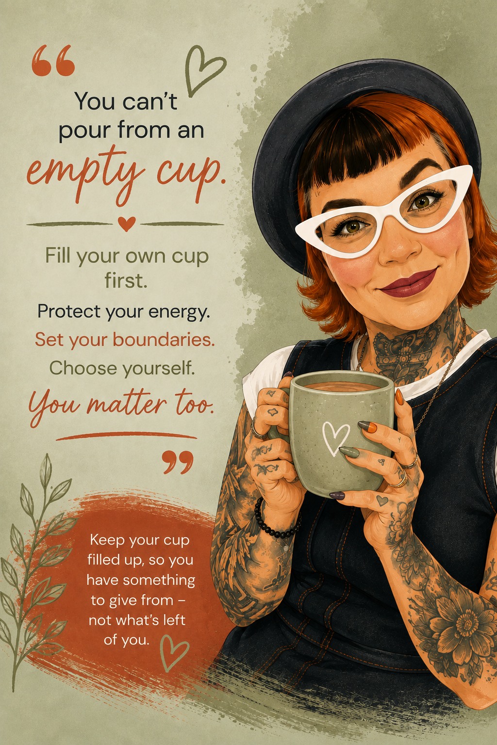 Illustrated Gilly holding a cup with a message about protecting your energy