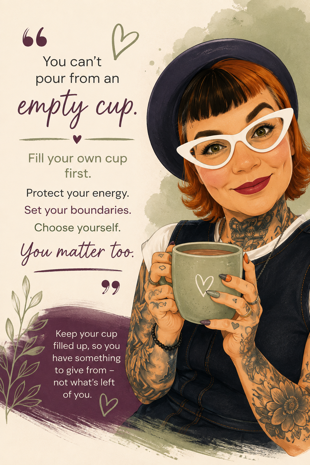 Illustrated Gilly holding a cup